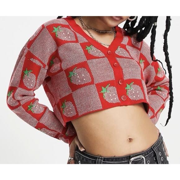 ASOS Only Crop Knit Strawberry Fruit Cardigan Sweater Shrug Coquette Girly SMALL - Picture 4 of 4